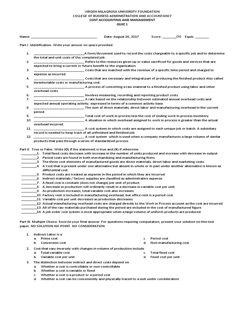 Cost Accounting Quiz 1 Cost Of Goods Sold Cost