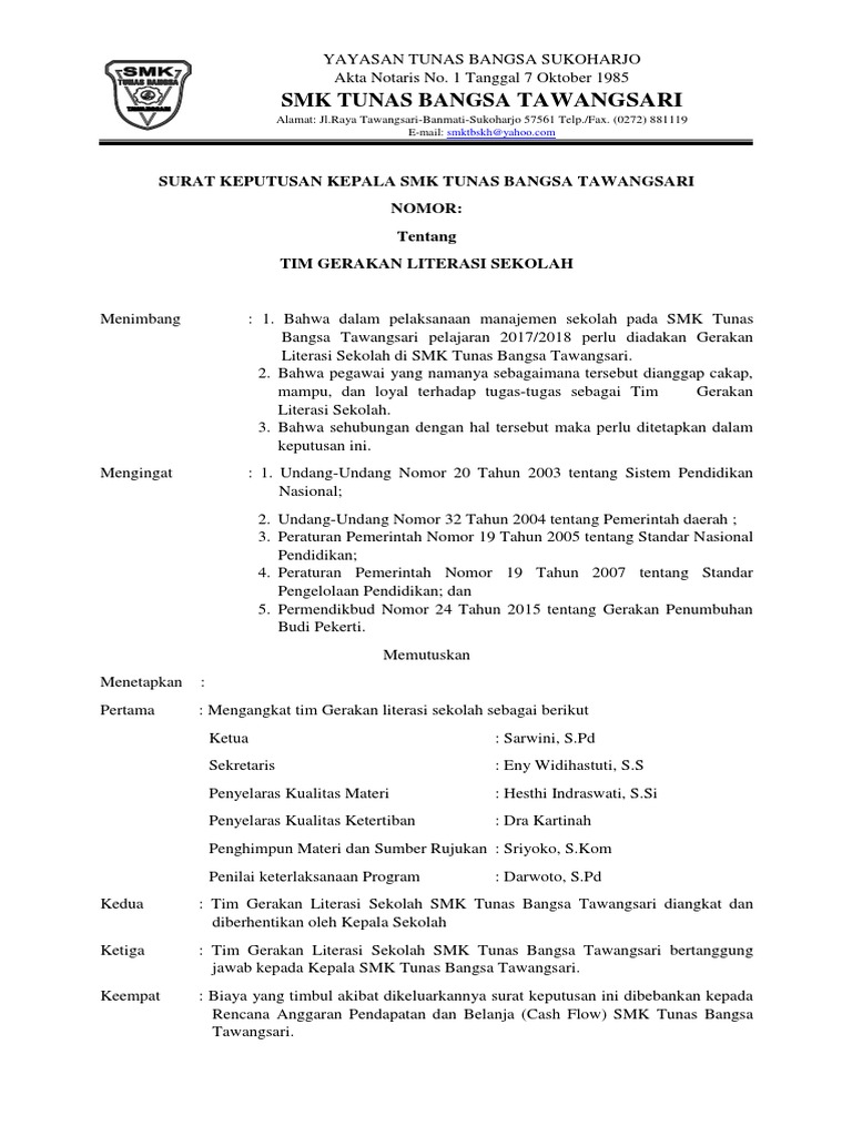 Sk Tim Gerakan Literasi Sekolah Kunci Soal