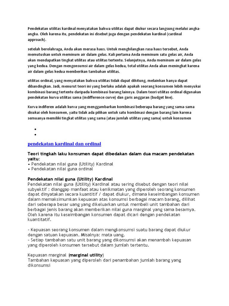 Pendekatan Utilitas Kardinal Menyatakan Bahwa Utilitas Dapat Diukur Secara Langsung Melalui Angka