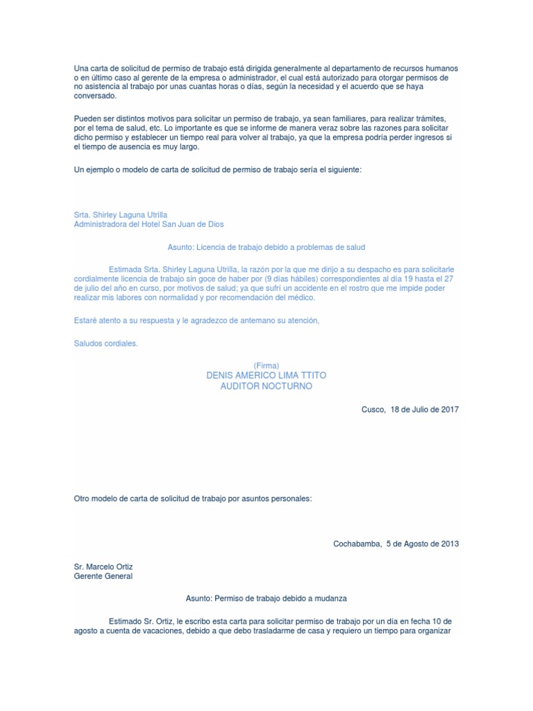 Una Carta De Solicitud De Permiso De Trabajo Esta Dirigida Generalmente Al Departamento De Recursos Humanos O En Ultimo Caso Al Gerente De La Empresa O Administrador Recursos Humanos