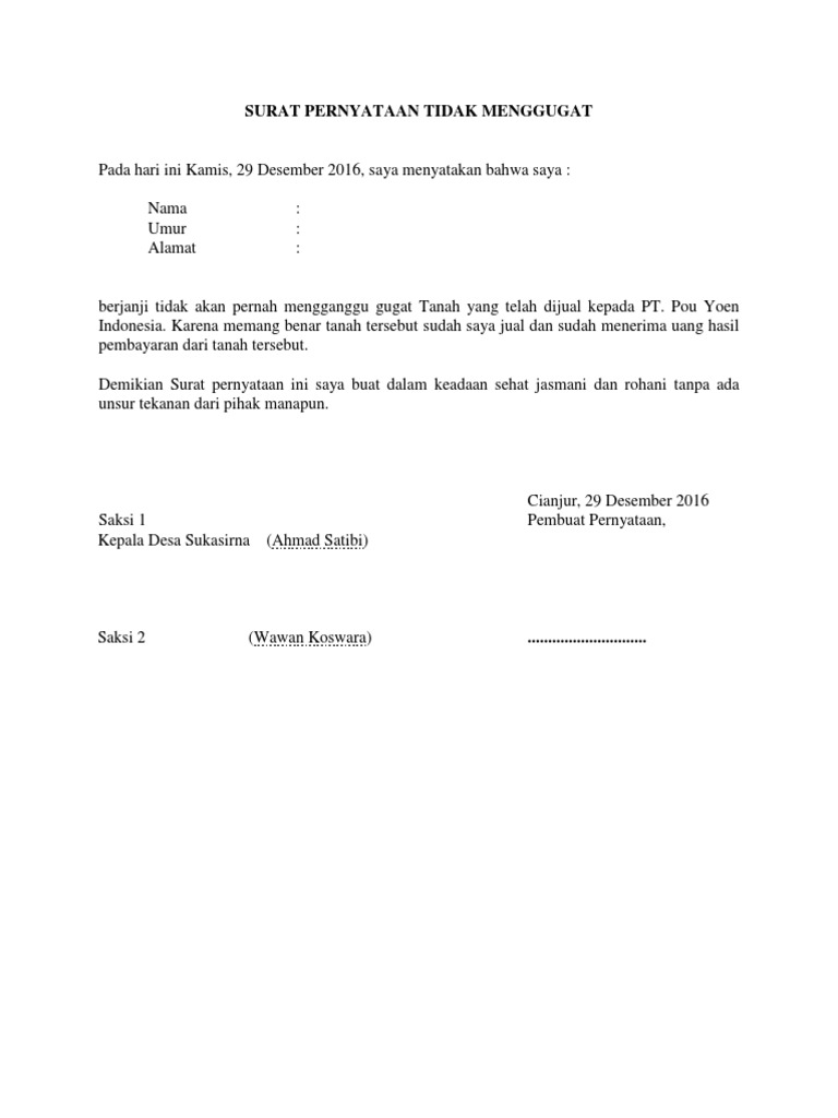 Surat Pernyataan Tidak Menggugat Docx