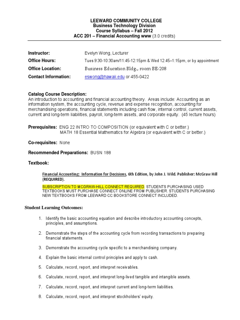 ACC 201 Course Syllabus Overview | PDF | Financial Accounting ...