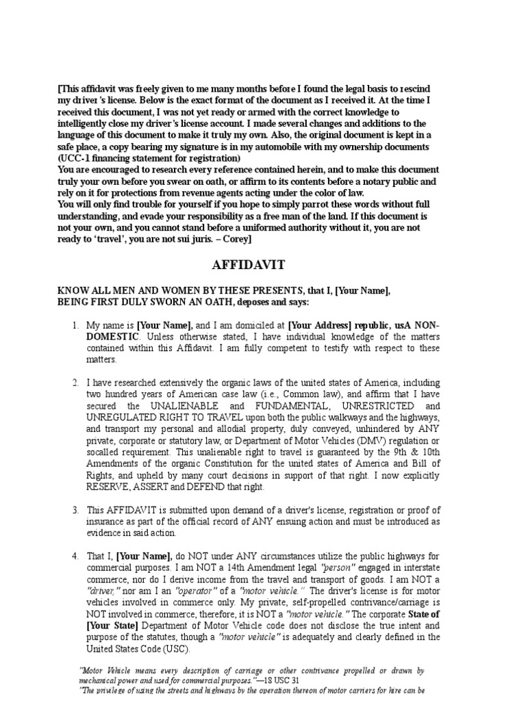 AFFIDAVIT of Right to Travel Public Oath Of Office United States