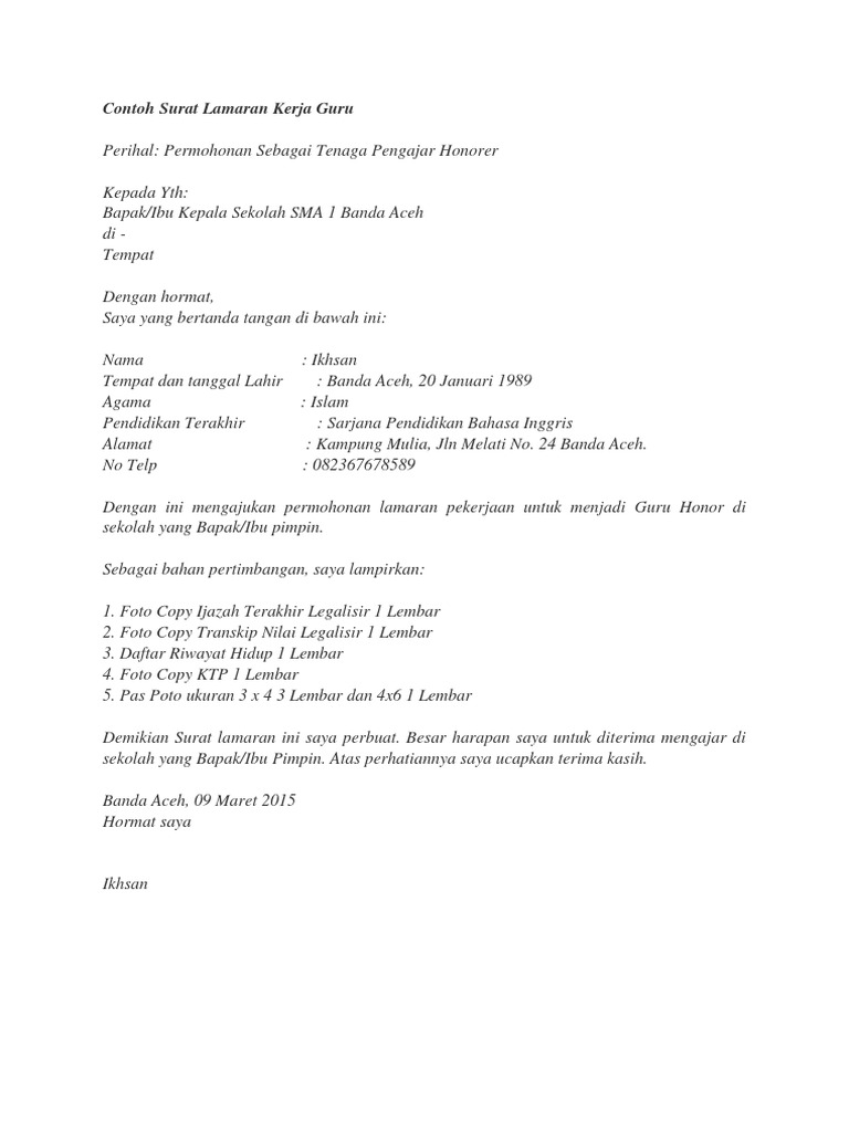 Contoh Surat Lamaran Kerja Gurudocx