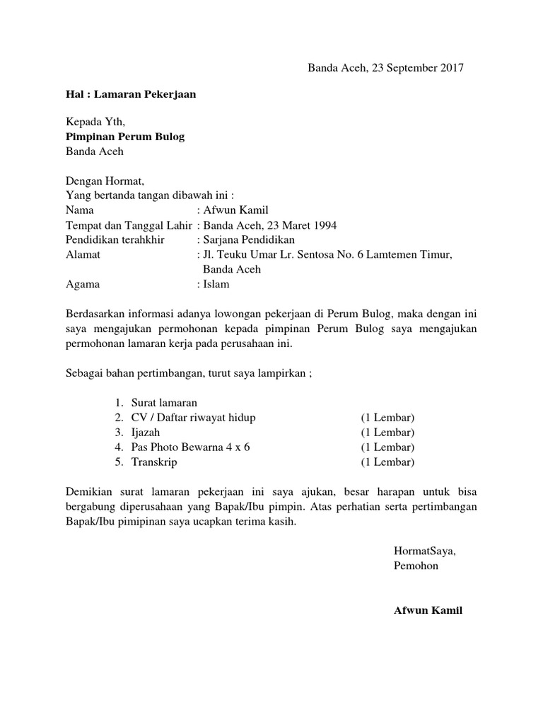 Contoh Surat Contoh Surat Lamaran Kerja Ke Pabrik Nike