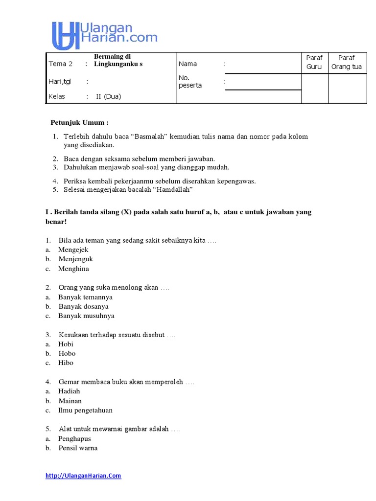 Soal Uts Tematik Kelas 2 Tema 2 Bermain Di Lingkunganku Pdf