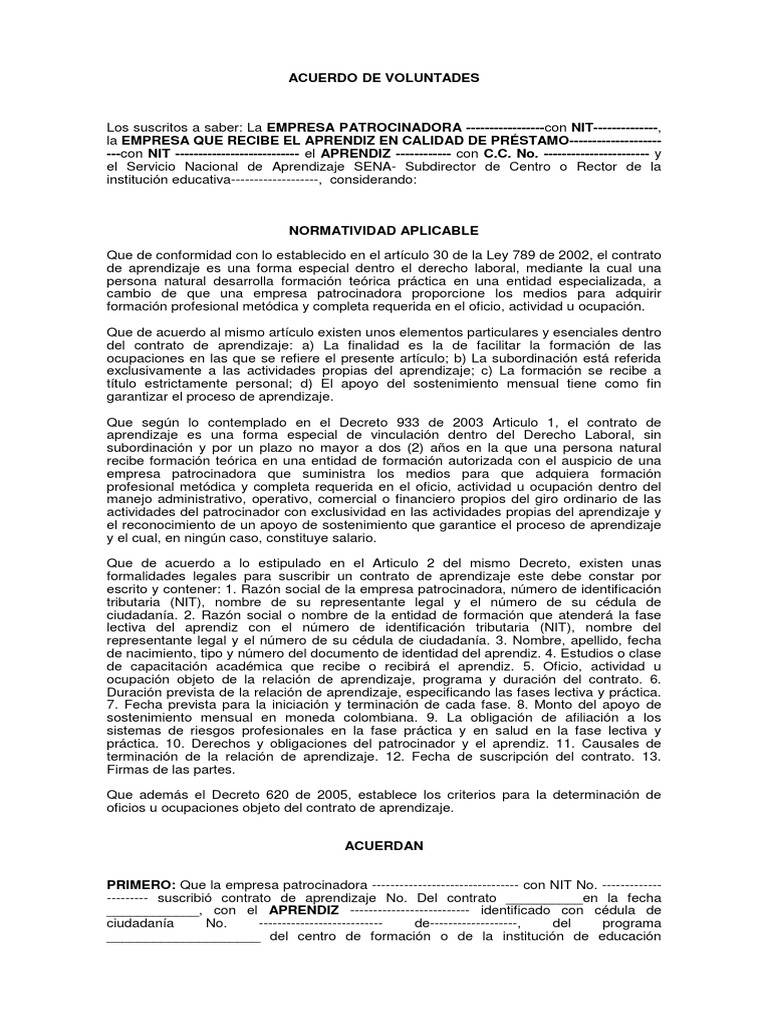 Acuerdo de Voluntades | PDF | Derecho laboral | Aprendizaje