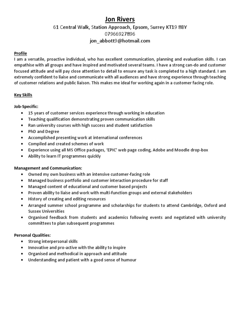 Jon Rivers: Customer-Focused Educator | PDF | Doctor Of Philosophy | Tutor