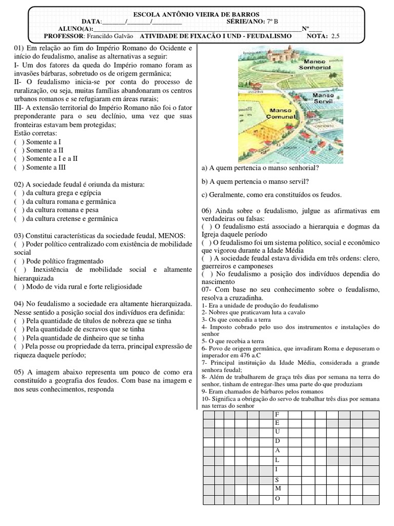 Atividade Complementar - FEUDALISMO | PDF | Feudalismo | Império Romano