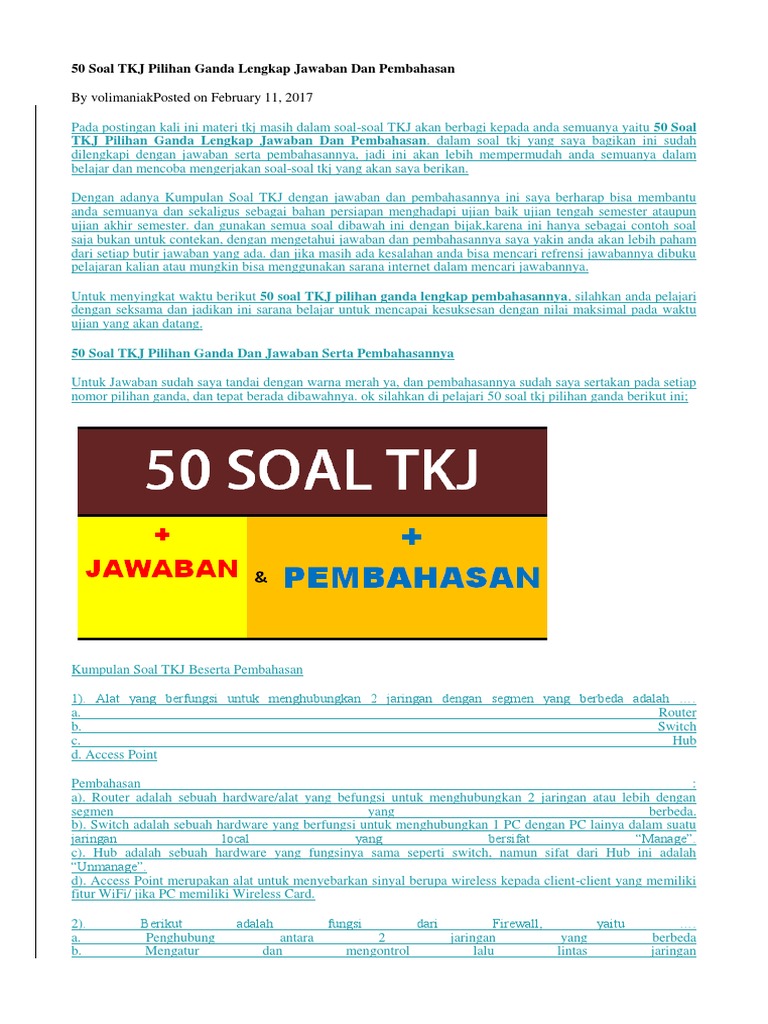 50 Soal Tkj Pilihan Ganda Lengkap Jawaban Dan Pembahasan