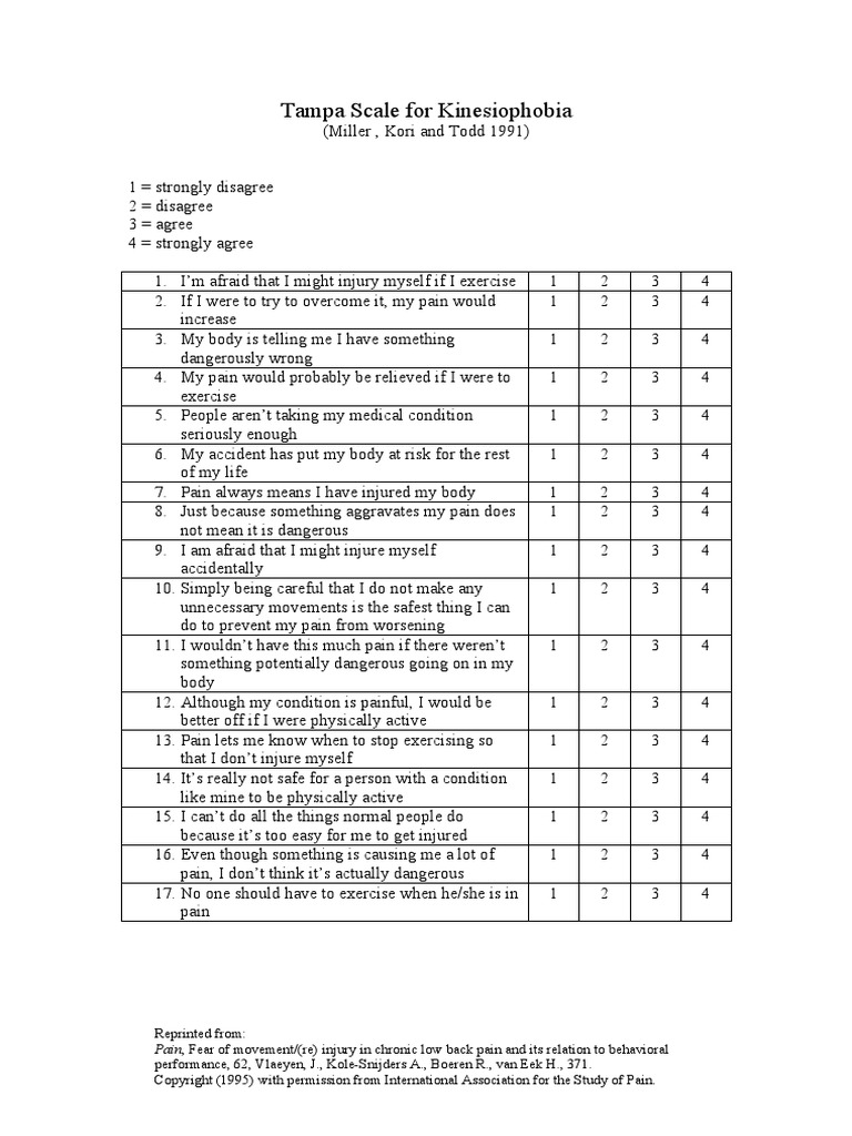 Tampa Scale Kinesiophobia PDF | PDF | Pain | Physical Exercise