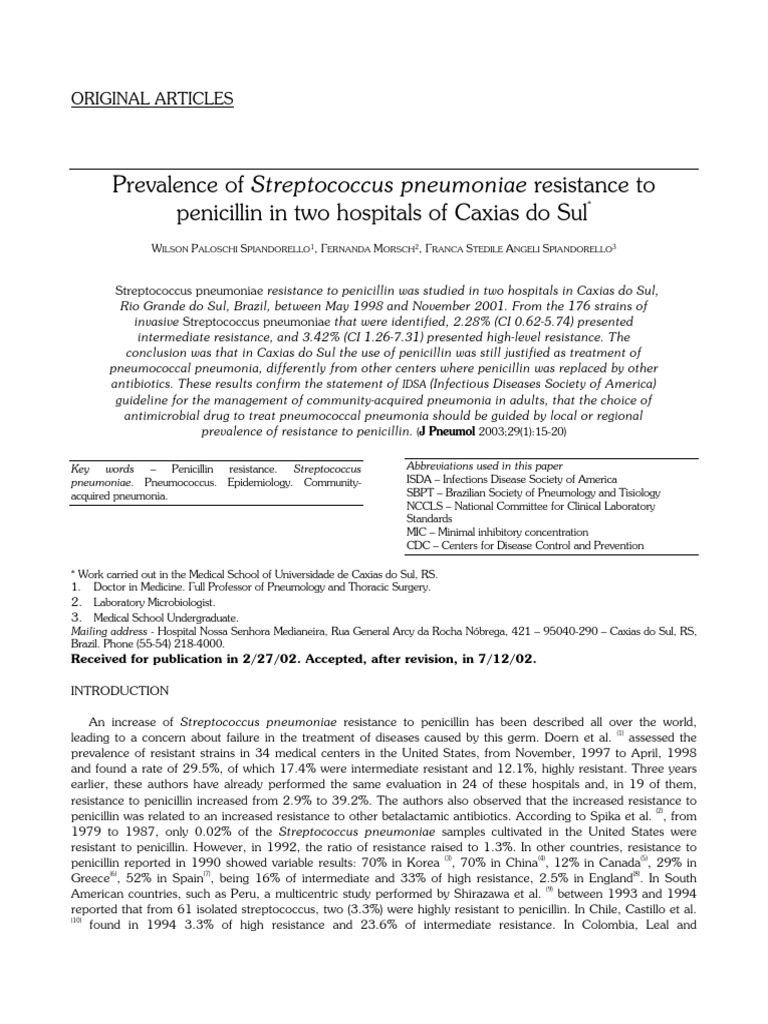 Prevalence of Streptococcus Pneumoniae Resistance To Penicilin in Two ...