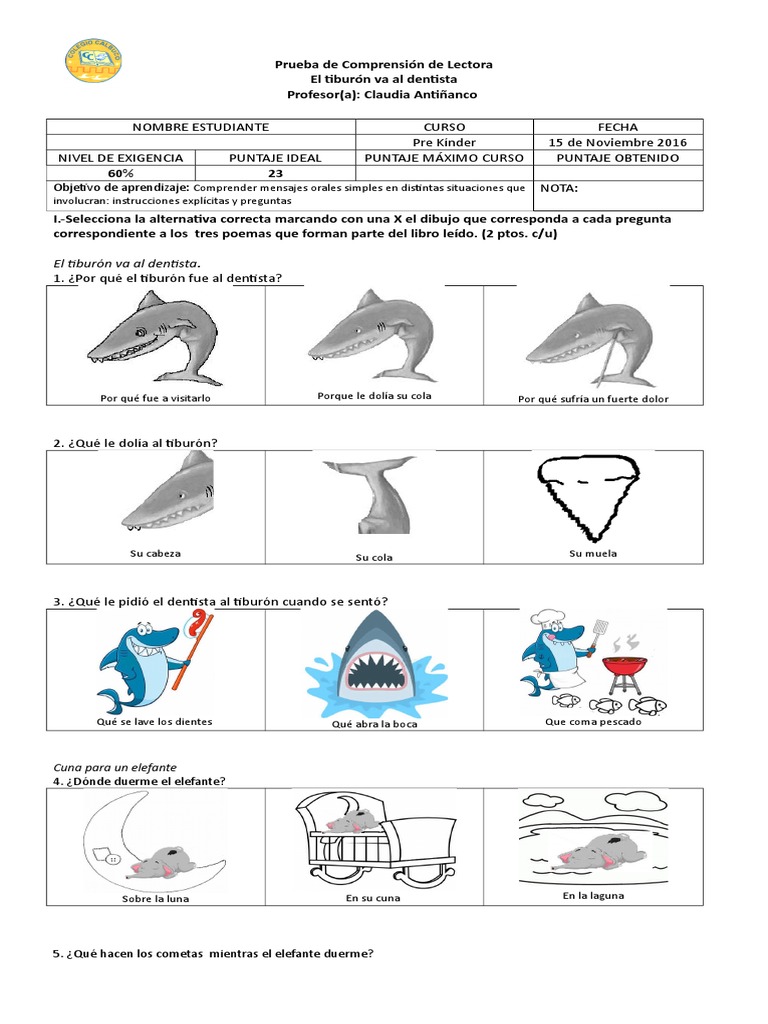 Prueba C. Lectora El Tiburón Va Al Dentista PK PDF Ocio