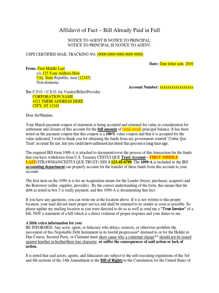 Affidavit of Fact Bill Already Paid TEMPLATE | PDF | Negotiable ...