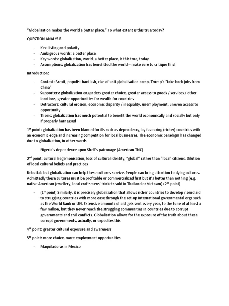 ESSAY PRACTICE Globalisation Makes The World A Better Place | PDF