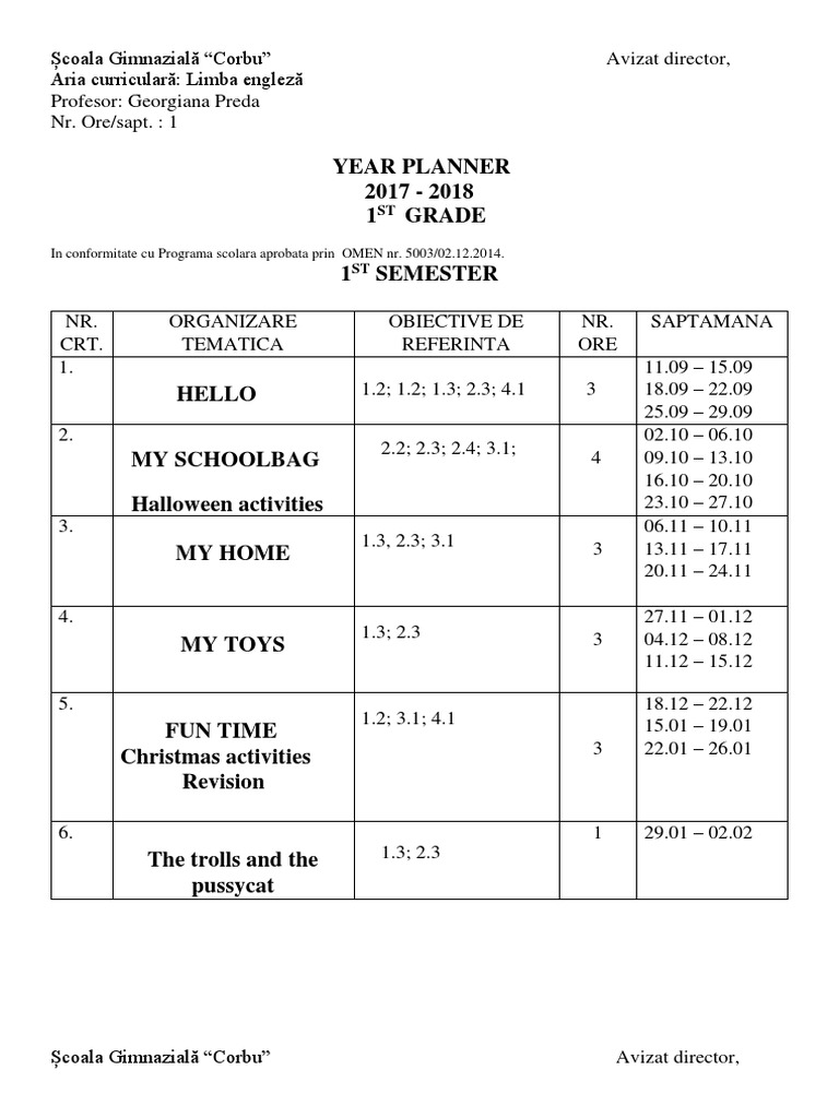 Year Planner: 2017 - 2018 1 Grade | PDF