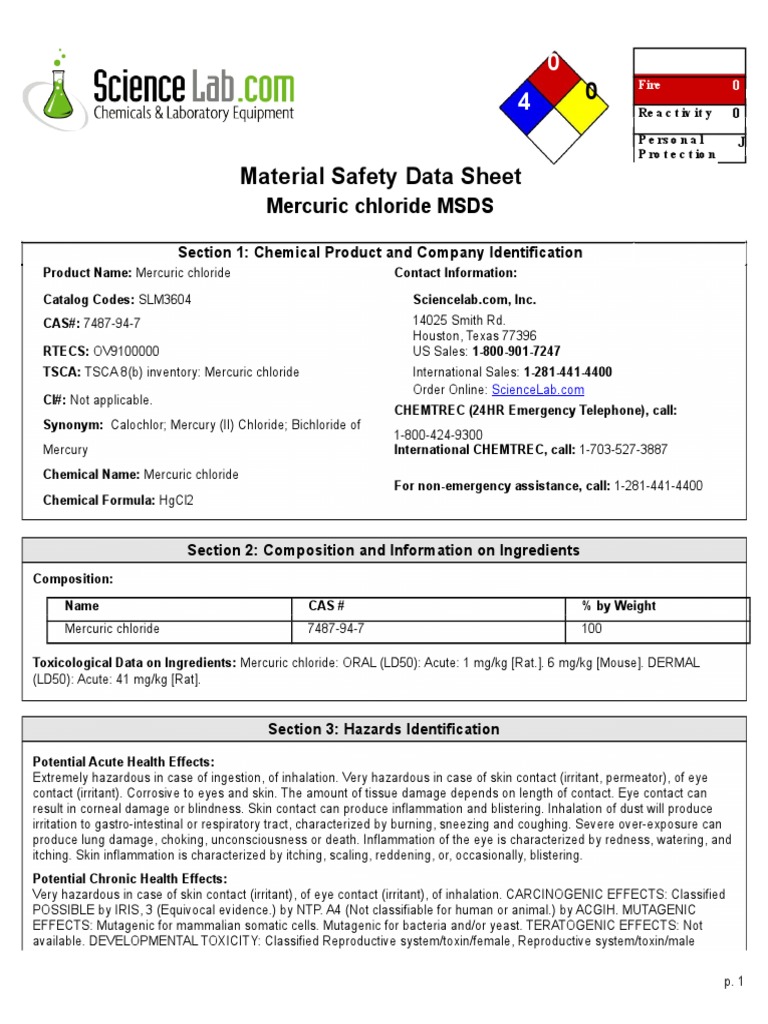 msds HgCl2 Toxicity Dangerous Goods