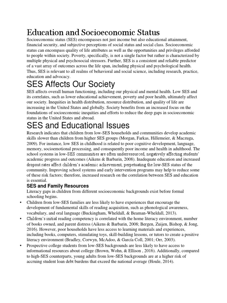 Education and Socioeconomic Status Socioeconomic Status Psychology