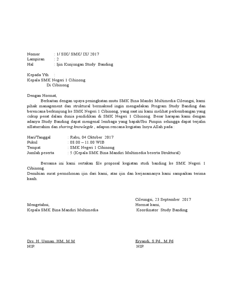Surat Pengajuan Ijin Studi Banding Tanpa COP
