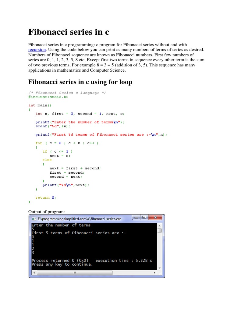 Fibonacci Series in C | PDF | Subroutine | Recursion