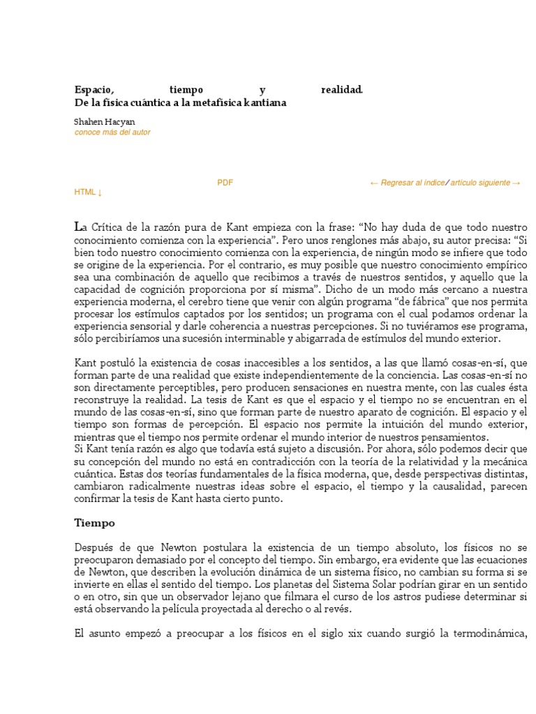 Espacio y Tiempo Kant y La Teoria de La Relatividad y La Mecanica ...