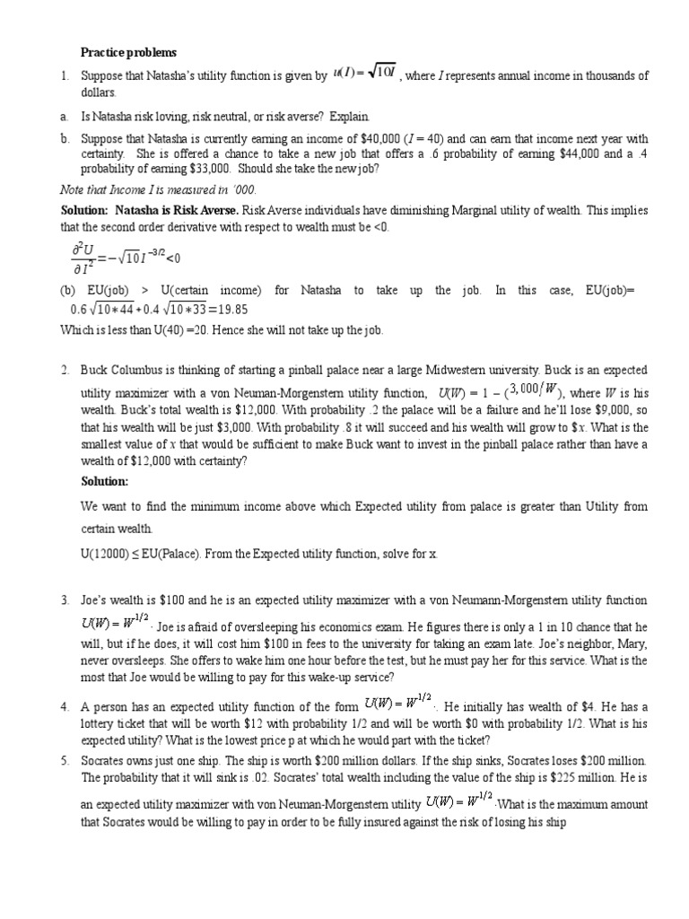 Expected Utility Theory Practice Problems | PDF | Utility | Risk Aversion
