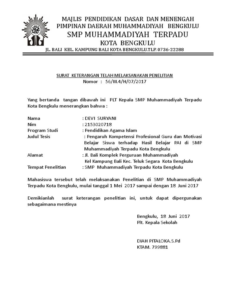 Surat Keterangan Penelitian Smp Muhammadiyah