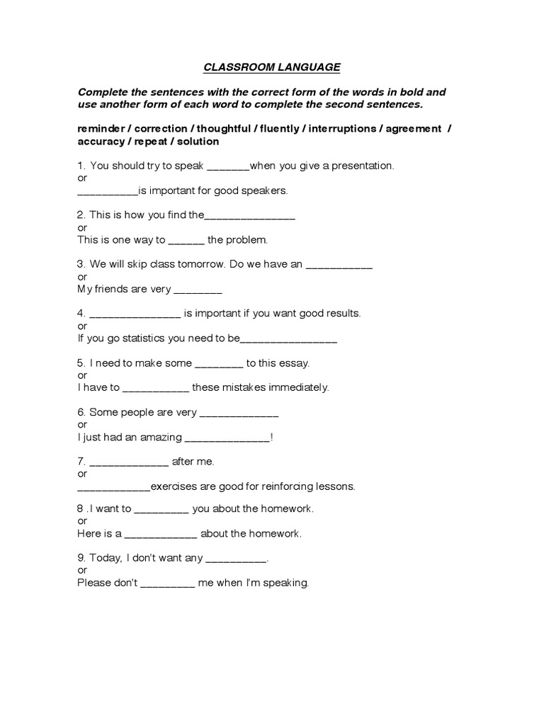 Classroom Language Exercises Worksheet | PDF | Self-Improvement