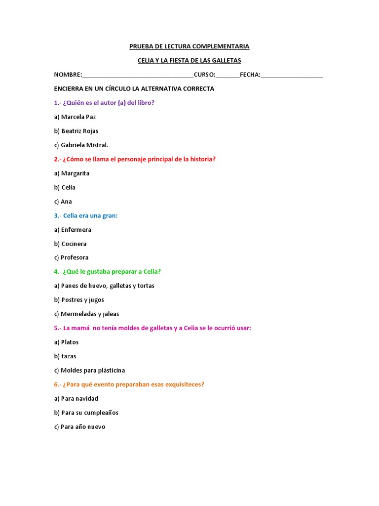Prueba de Lectura Celia y La Fiesta de Las Galletas PDF Gluten