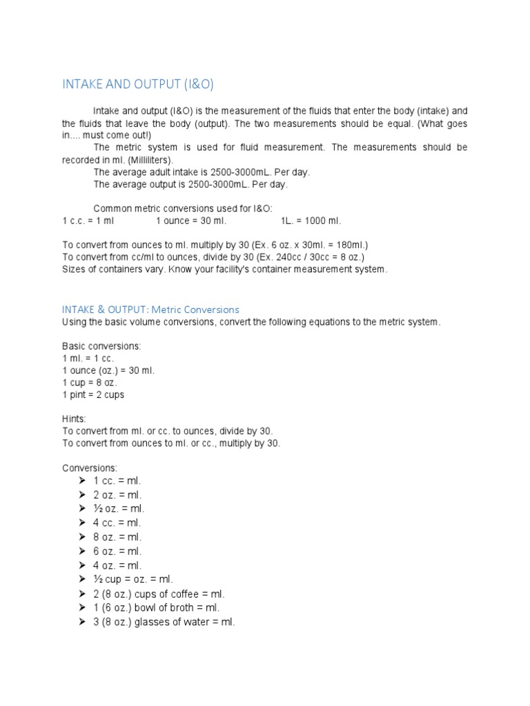 Intake - Output Medication Nursing Reference | Ounce | Litre