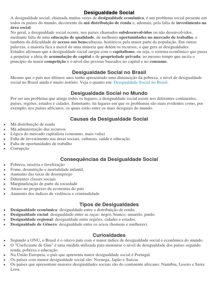 Desigualdade Social | PDF | Desigualdade econômica | Discriminação e ...