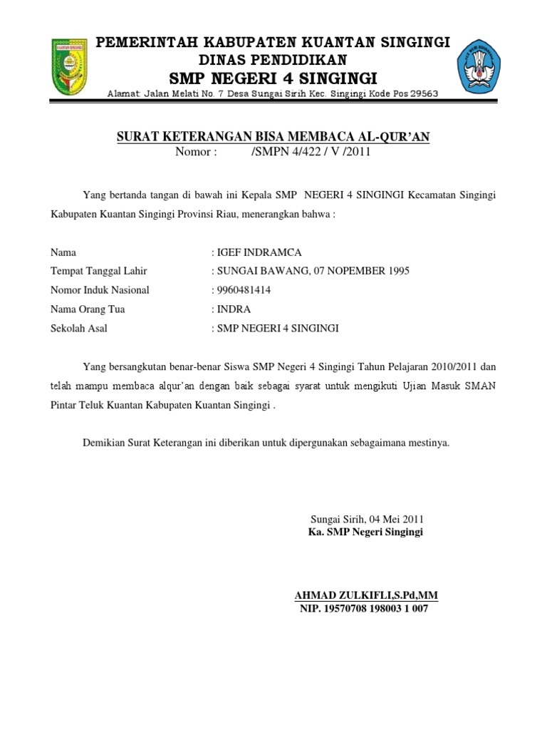 Contoh Surat Keterangan Mampu Membaca Al Qur An Id Lif Co Id