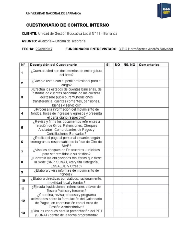 Auditoría - Cuestionarios de control interno UNB | PDF | Recursos ...
