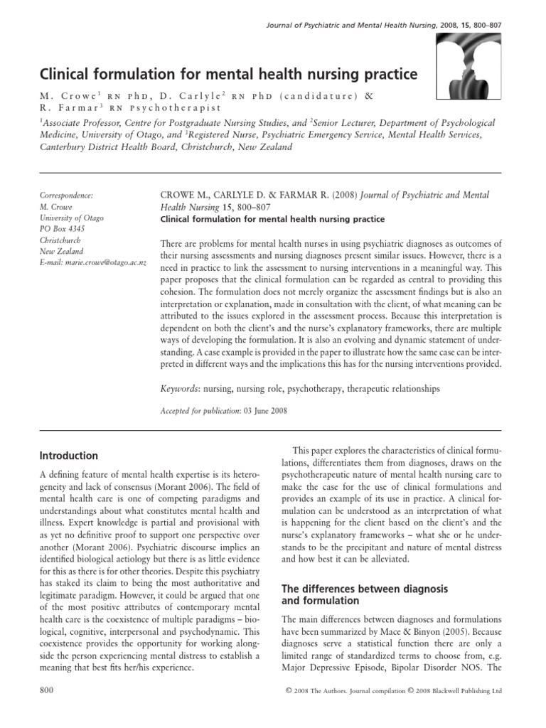 Clinical Formulation for Mental Health Nursing Practice Psychotherapy