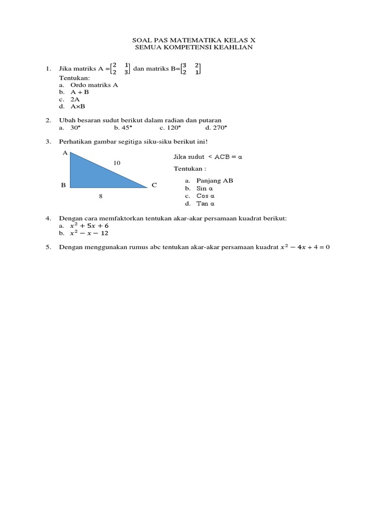 Soal Pas Matematika Kelas X