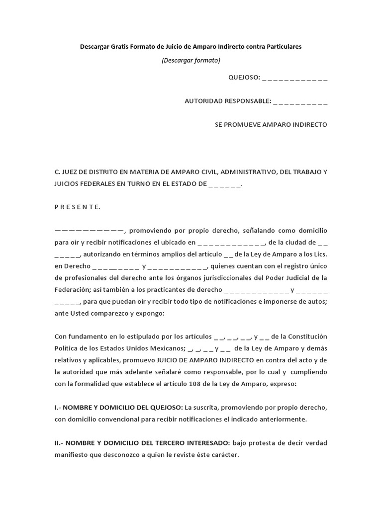 Formato de Juicio de Amparo Indirecto Contra Particulares | PDF ...