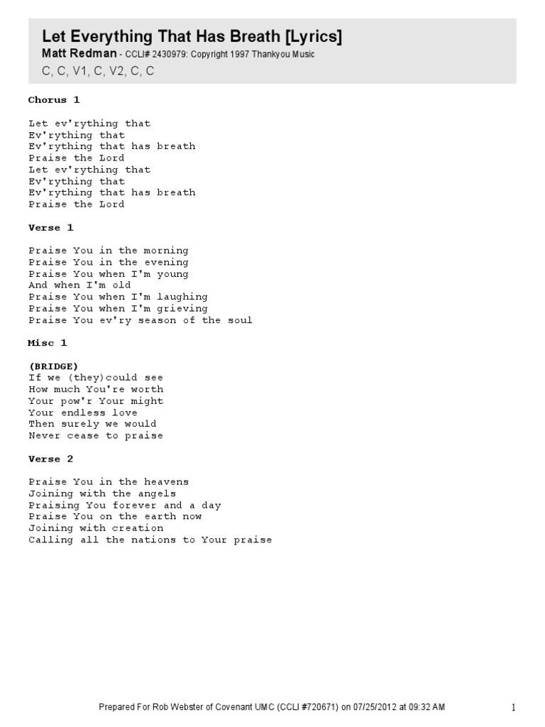 Let Everything That Has Breath (Lyrics) C, C, V1, C, V2, C, C PDF