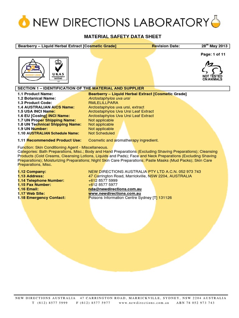 Bearberry Liquid Herbal Extract (Cosmetic Grade) Msds Rd28!05!2013