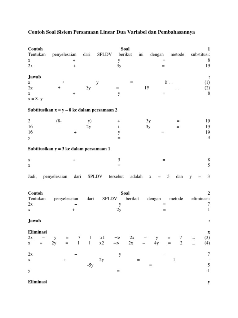 Contoh Soal Sistem Persamaan Linear Dua Variabel Dan