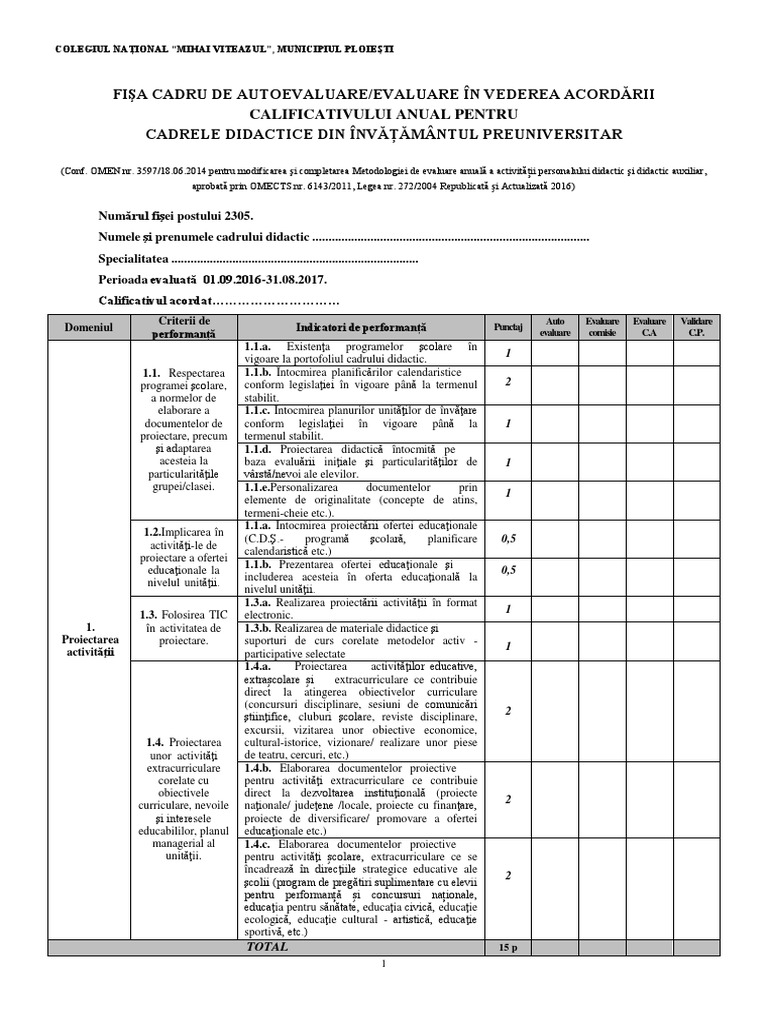 Fisa de Autoevaluare Profesor | PDF