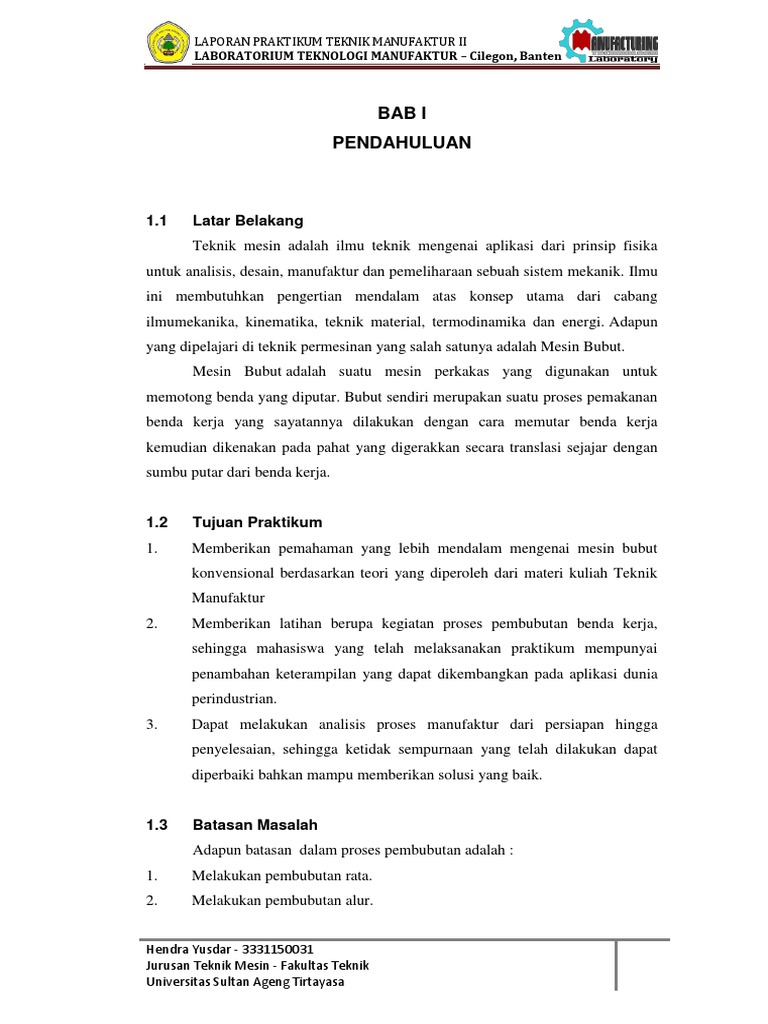 Laporan Praktikum Teknologi Manufaktur Pada Mesin Bubut Konvensional