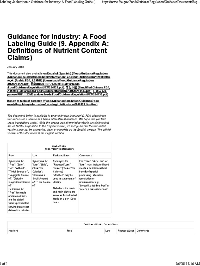 Labeling & Nutrition Guidance For Industry A Food Labeling Guide (9