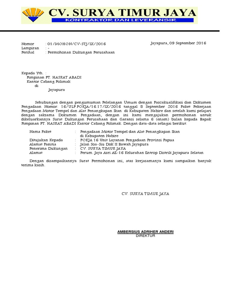 Surat Permohonan Dukungan Barang