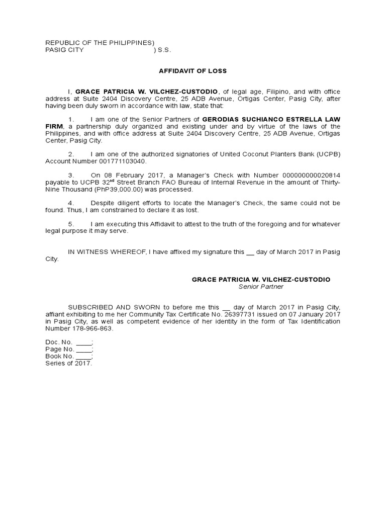 Affidavit Of Loss Manager S Check