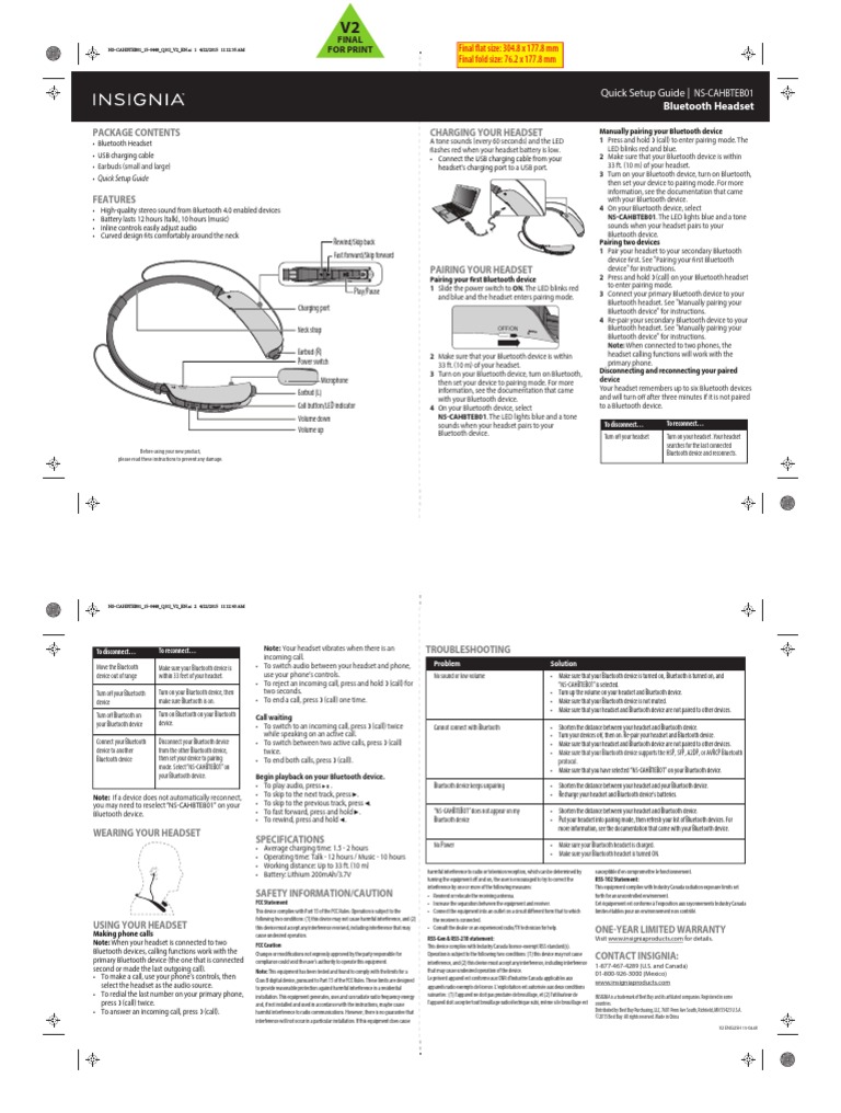 Insignia Bluetooth Headset Instructions PDF Bluetooth Headphones