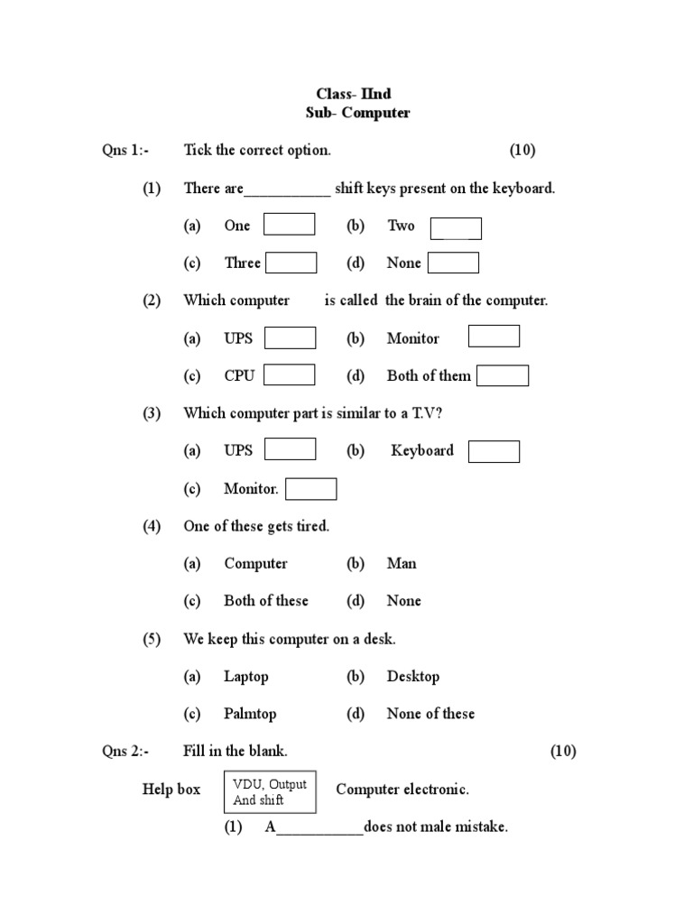 Computer Basics Quiz for Class II | PDF | Computers