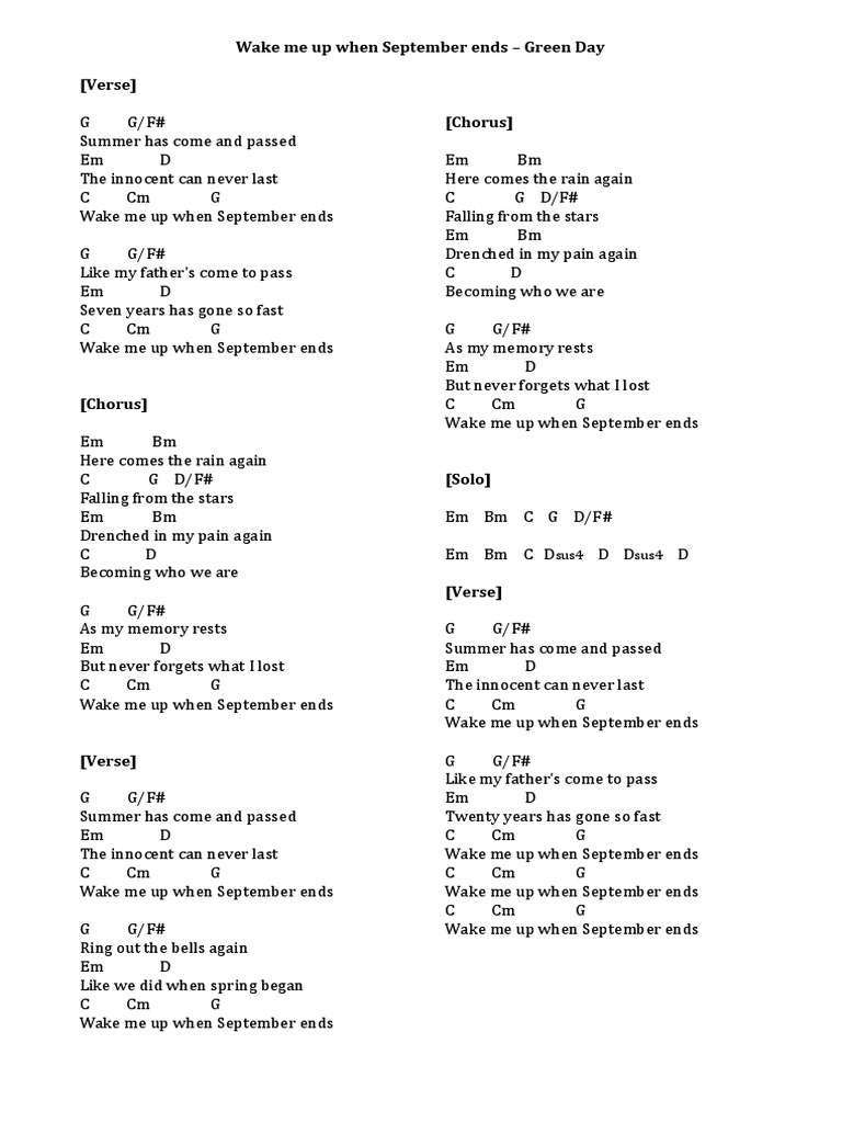 Wake Me Up When September Ends Green Day Chords Lyrics Song Structure Songs