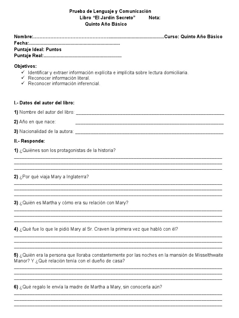 Prueba de Lenguaje y Comunicación 5 Básico Ahora | PDF | El jardín secreto