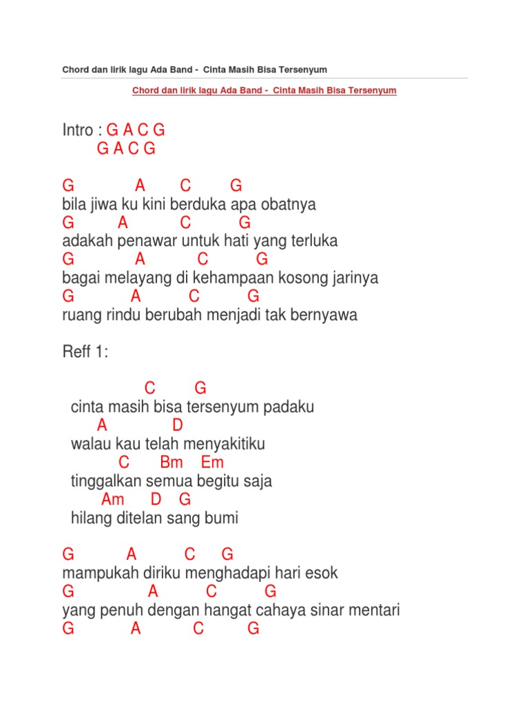 Chord Dan Lirik Lagu Ada Band Cinta Masih Bisa Tersenyum Pdf