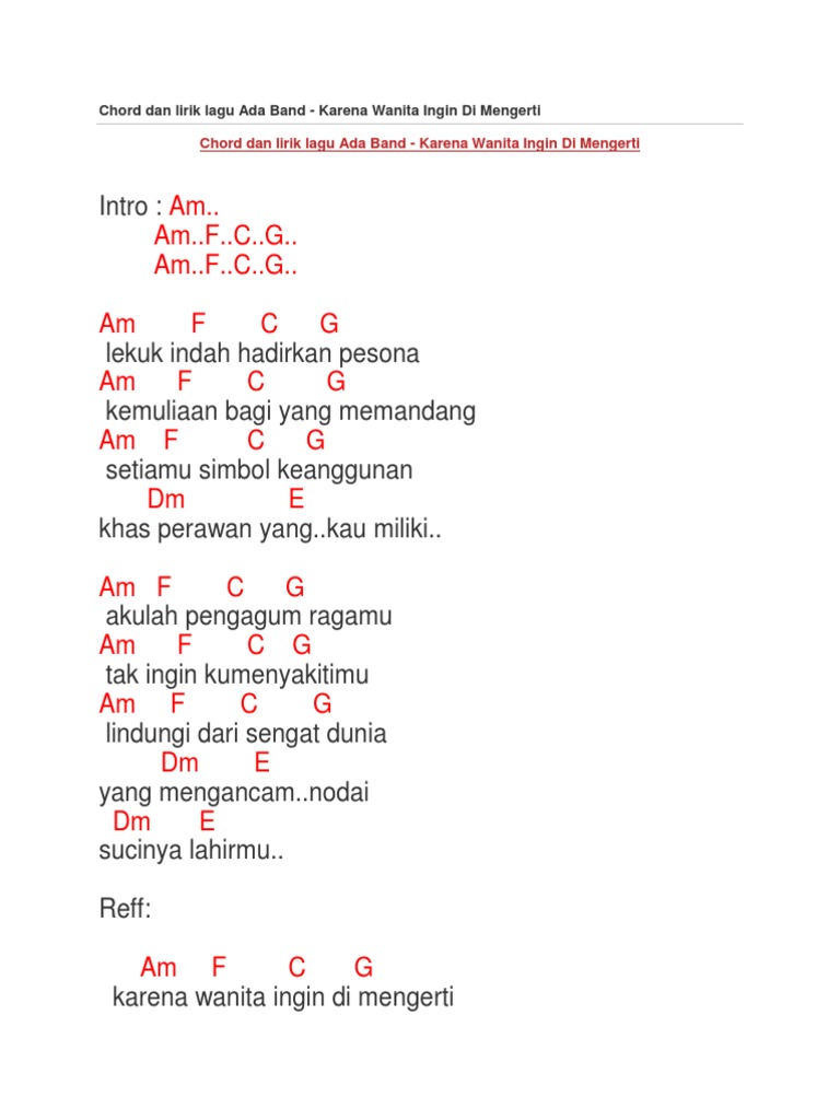 Chord Dan Lirik Lagu Ada Band Karena Wanita Ingin Di Mengerti Pdf